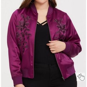 Torrid Purple Satin Embroidered Bomber Jacket